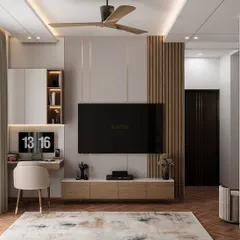 A 3D render of a master bedroom TV unit and workstation. The design is clean and functional, with a mix of wood tones and neutral colors, showcasing how I plan for both work and relaxation in a single space.