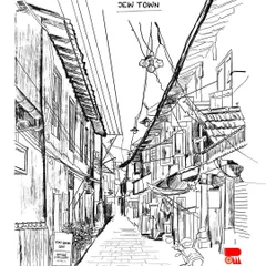 A pen and ink style digital sketch of Jew Town in Fort Kochi. This illustration captures the nostalgic atmosphere of the narrow lanes, historic architecture, and tangled wires of this unique neighborhood.
