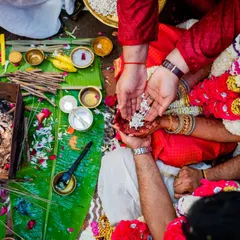 The vibrant colors and rich traditions of a Tamil Brahmin wedding are on full display in this overhead shot of a key ritual.