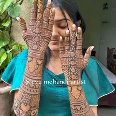 This design features a beautiful blend of patterns, with delicate florals on the palms and fingers, and geometric grids covering the forearms.