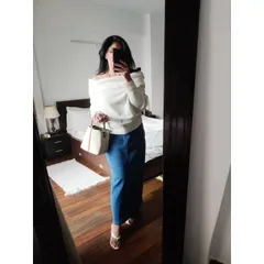 For meeting an online friend for the first time, I paired a long denim skirt with a cream off-shoulder pullover for a chic and comfortable winter look.