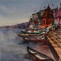 A watercolor painting of a Varanasi ghat, a place that holds so many dear memories for me. Using Daniel Smith watercolors on Baohong cold press paper, I aimed to capture the serene yet vibrant atmosphere of the boats resting by the ancient steps.