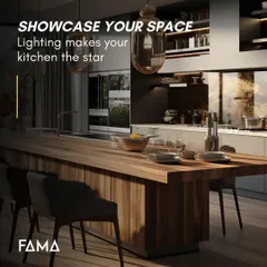 Showcase your space. The right lighting makes your kitchen the star. Here, beautiful glass pendant lights draw attention to the dining table, while subtle backlighting highlights the open shelving.