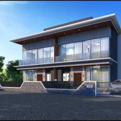 A frontal view of the La-Sierra twin villas. The design uses a combination of stone, wood-finish panels, and large glass windows to create a modern yet warm aesthetic that blends with the natural surroundings of Lonavala.