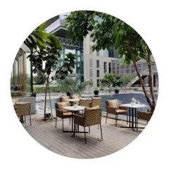 The outdoor seating area for Cafe StayWoke, part of my end-to-end interior turnkey fit-out. The space is designed to blend seamlessly with the modern architecture and poolside, offering a tranquil urban escape.