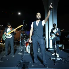 Our lead singer Aryaman commanding the stage during a performance for AB InBev and Budweiser India. We bring a full concert experience to our corporate gigs.
