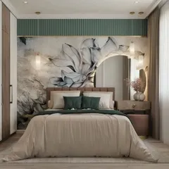 This elegant bedroom features a beautiful floral mural as the accent wall. The design includes a custom bed, a matching dressing table, and soft green paneling for a serene and artistic feel.