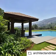The pool and gazebo area of our Khandala valley project. Surrounded by lush greenery and mountain views, this space was designed to be the ultimate spot for relaxation and enjoying the natural beauty of the location.