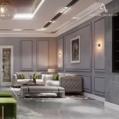 This formal sitting area showcases a cooler, more stately color scheme with grey paneled walls and marble flooring. The design uses classic furniture shapes and a grand chandelier to create an atmosphere of timeless elegance.