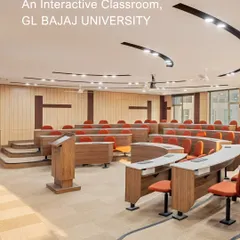 An interactive classroom at GL Bajaj University, designed to engage and inspire. The tiered, semi-circular layout optimizes sightlines and encourages dialogue, creating an inclusive and immersive learning environment where ideas take center stage.