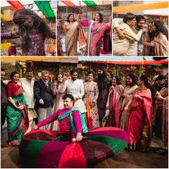 The joy of a wedding is shared by everyone. This collage captures the vibrant energy of the Mehendi, with family members dancing, a professional performer entertaining guests, and warm, happy hugs all around.
