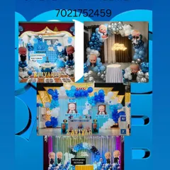 The 'Boss Baby' theme is a huge hit for boys' birthdays. This collage shows different ways I can create a Boss Baby setup, using blue, black, and white balloons, character standees, and personalized backdrops.