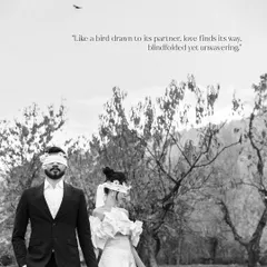 "Like a bird drawn to its partner, love finds its way, blindfolded yet unwavering." This artistic, black and white portrait uses the concept of blind trust to tell a powerful story.