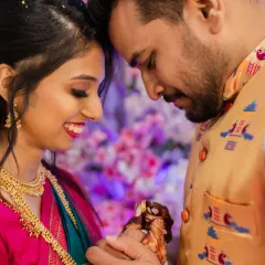 A close, intimate portrait of Rasika and Rohit during their engagement ceremony. I focus on capturing the quiet connection and happiness between the couple.