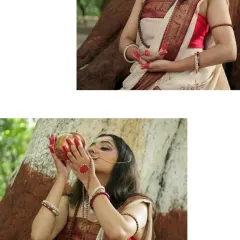This collage focuses on symbolic actions, like holding a conch shell and a meditative hand gesture, to convey the spiritual theme of the shoot.