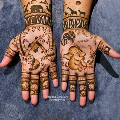 How adorable is this baby shower mehndi? I created this special jungle-themed design with cute pandas and a baby elephant for an expecting mother. It’s the perfect way to celebrate the little one on the way.