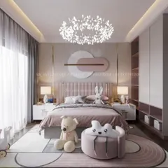 We designed this whimsical and elegant child's bedroom with a soft pink and white color scheme. The room features a unique leaf-patterned chandelier, custom wall art above the bed, and playful furniture, creating a magical yet sophisticated space for a child to grow.