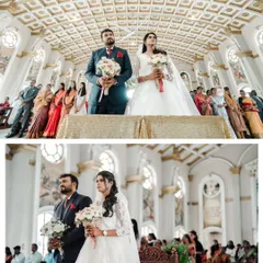 A collage from inside the church, capturing the couple at the altar during their wedding ceremony, surrounded by guests.