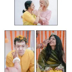 A collage showing the beautiful moments of an inter-cultural Haldi. From the mother's gentle touch to the couple's playful smearing of turmeric, it’s a ceremony that transcends cultural boundaries and is united by love and family.