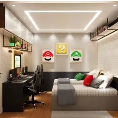 A perfect example of our custom kids' room design, this space is built for two young gamers. It includes a dual-station gaming desk, ergonomic chairs, themed decor from Super Mario, and smart storage solutions to keep the room organized and fun.