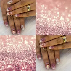 A glamorous collage showcasing a pink glitter ombré look with delicate gold heart accents.