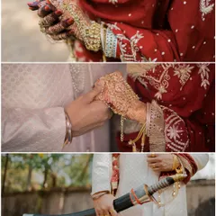 A focus on the details of a Sikh wedding: the bride's henna-adorned hands, the couple holding hands, and the groom's traditional kirpan.