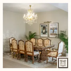 This Louis XV style dining set is a testament to the beauty of intricate craftsmanship. I chose this piece for its hand-carved details, Florentine bloom inlay, and plush upholstery, designed to turn every meal into a special occasion.
