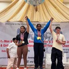 My student Sonia Dhaka on the podium, securing a bronze medal at her first Junior National Powerlifting Championship. Her hard work paid off on the national stage.
