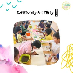 A snapshot from a Community Art Party. These events bring children together to work side-by-side on their art projects, fostering a sense of community and shared experience.