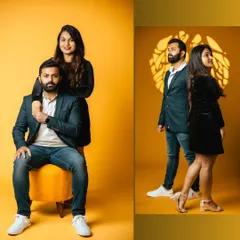 A modern and stylish pre-wedding portrait session using a bold yellow backdrop for a vibrant, energetic feel.