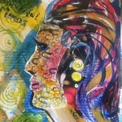 A vibrant mixed-media portrait. The face is a collage of smaller faces, and the hair is a swirl of colorful, abstract brushstrokes, creating a dynamic and thought-provoking piece.