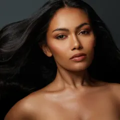 Another shot of this beautiful soft glam look, with the model's hair flowing to showcase the versatility of the makeup for different stylings.