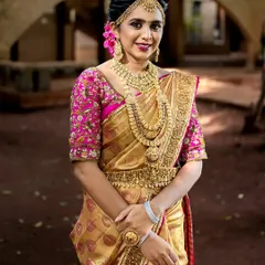 This is what I call a 'Devakanya' or divine maiden look. This full bridal set with a three-layer haram and matching accessories is designed to make you feel like a goddess on your wedding day.