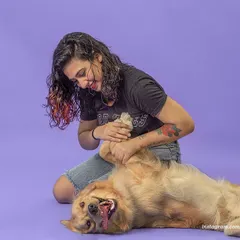 A candid moment of play during a studio shoot for a pet brand. Even in a formal setting, we make sure the animals are relaxed and happy, which brings out their best, most joyful expressions.