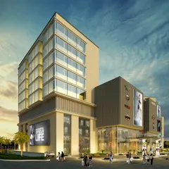 Another view of the 'Assortia' project, this time focusing on the tower that was planned to house a boutique hotel and offices. The design separates the different functions visually while maintaining a connected architectural language across the entire development.