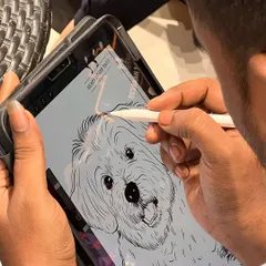 Here I am, working on a detailed digital portrait of a fluffy dog. I draw every strand of fur to capture the pet's texture and personality.