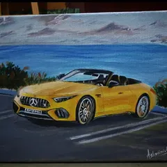 As an engineer at Mercedes, it was a special moment to paint this yellow AMG for a mentor who has had a huge impact on my life. This piece blends my professional world with my artistic passion. I focused on capturing the car's sleek design and powerful presence against a serene coastal backdrop.