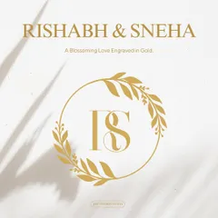 A beautiful monogram designed for Rishabh and Sneha. The initials 'R' and 'S' are gracefully intertwined within a golden wreath of leaves, symbolizing a love that is natural, growing, and blossoming.