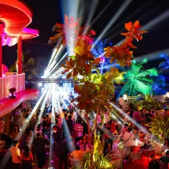 An overview of the massive crowd and light show at a New Year's Eve event. This demonstrates the scale of the events I'm experienced in playing.