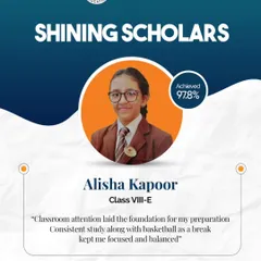Our shining scholar, Alisha Kapoor, exemplifies resilience and brilliance, achieving an outstanding 97.8%. Her success, balanced with her passion for basketball, reflects the academic rigor and values upheld at our school.