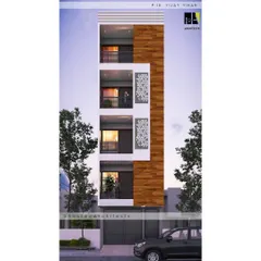 This is the proposed elevation for our turnkey project on a 15x60 foot, two-side plot. The design incorporates decorative WPC jali panels alongside wood-look laminam tiles, creating a balanced and modern facade for an 8-unit apartment building.