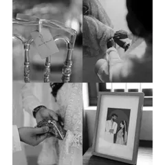 A black and white collage of significant Nikah details. It includes a personalized tag, the exchange of rings, and a framed photo of the couple, highlighting the small elements that hold great meaning.