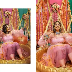 A collage of the bride during her Haldi ceremony, showing her playful and happy moments. The vibrant decor and her beautiful pink outfit add to the festive atmosphere.