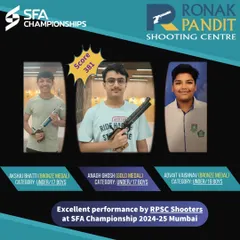Excellent performance by our junior shooters at the SFA Championship in Mumbai. Anagh Ghosh's gold medal with a score of 381, along with bronze medals for Akshaj and Advait, highlights the promising future of our academy.