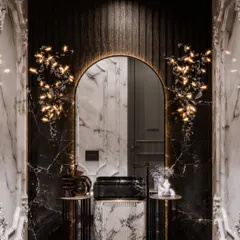 In this rendering of a luxe powder room, the challenge was to create an atmosphere of pure opulence in a compact space. I used advanced material rendering to bring out the dramatic veining of the black marble and the intricate texture of the monolithic sink. The lighting simulation was key, with sculptural fixtures casting an enchanting glow that highlights the contrast between classical moldings and modern forms.