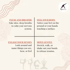 This infographic details four grounding techniques I teach: pausing to breathe, feeling your body's connection to the ground, engaging your senses, and gentle movement to release physical tension.