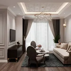 This angle highlights the room's thoughtful lighting design, including wall sconces and a detailed tray ceiling with cove lighting.