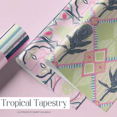 My 'Tropical Tapestry' collection, shown here as rolled fabric. These prints combine geometric frames with botanical and animal motifs like proteas and ladybugs, creating a vibrant, layered look perfect for home textiles.