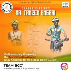A graphic celebrating Tameem Ansari's successful completion of the Kashmir to Kanyakumari ride for the second time in a single year. His determination is an inspiration to our entire cycling community.