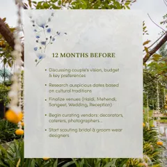 The first step in my process, 12 months before the wedding, is to discuss your vision, budget, and preferences. This ensures we start on the right foot to build your dream celebration.